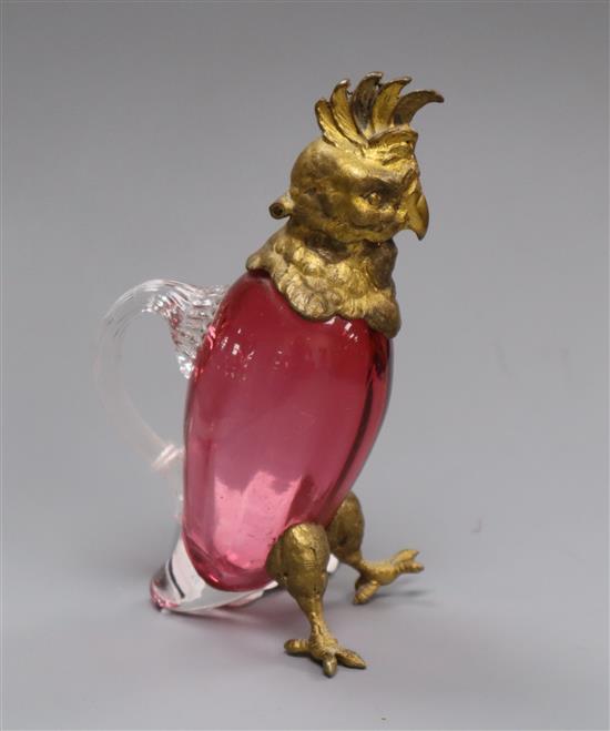 A gilt metal mounted ruby glass cockerel condiment bottle height 13cm